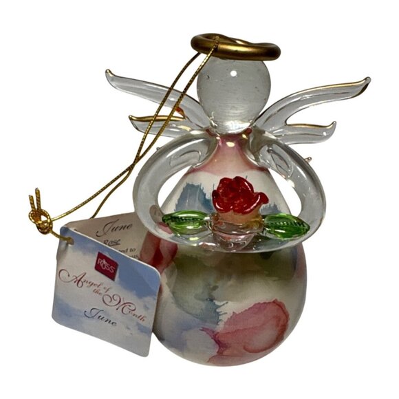 Russ Berrie June Angel Of The Month Rose Handcrafted Glass Figurine With Tag - Picture 1 of 9